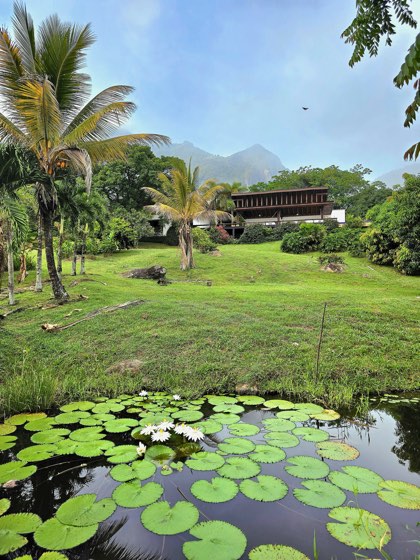 Lago, jardín y villa frente a montañas con bruma